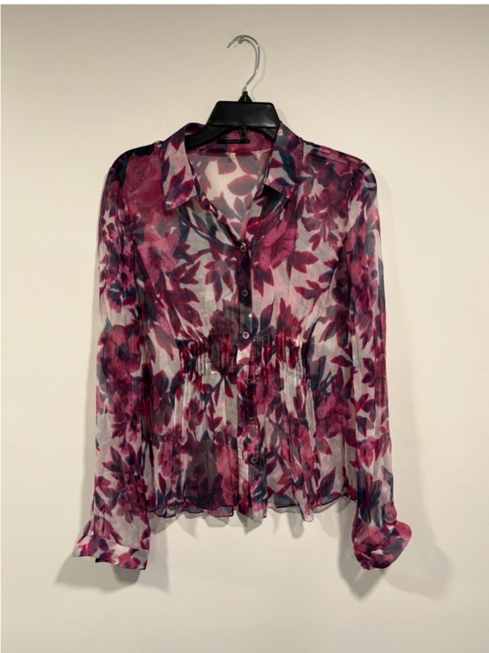 Elie Tahari Sheer Floral Button-Front Blouse in Berry and Navy